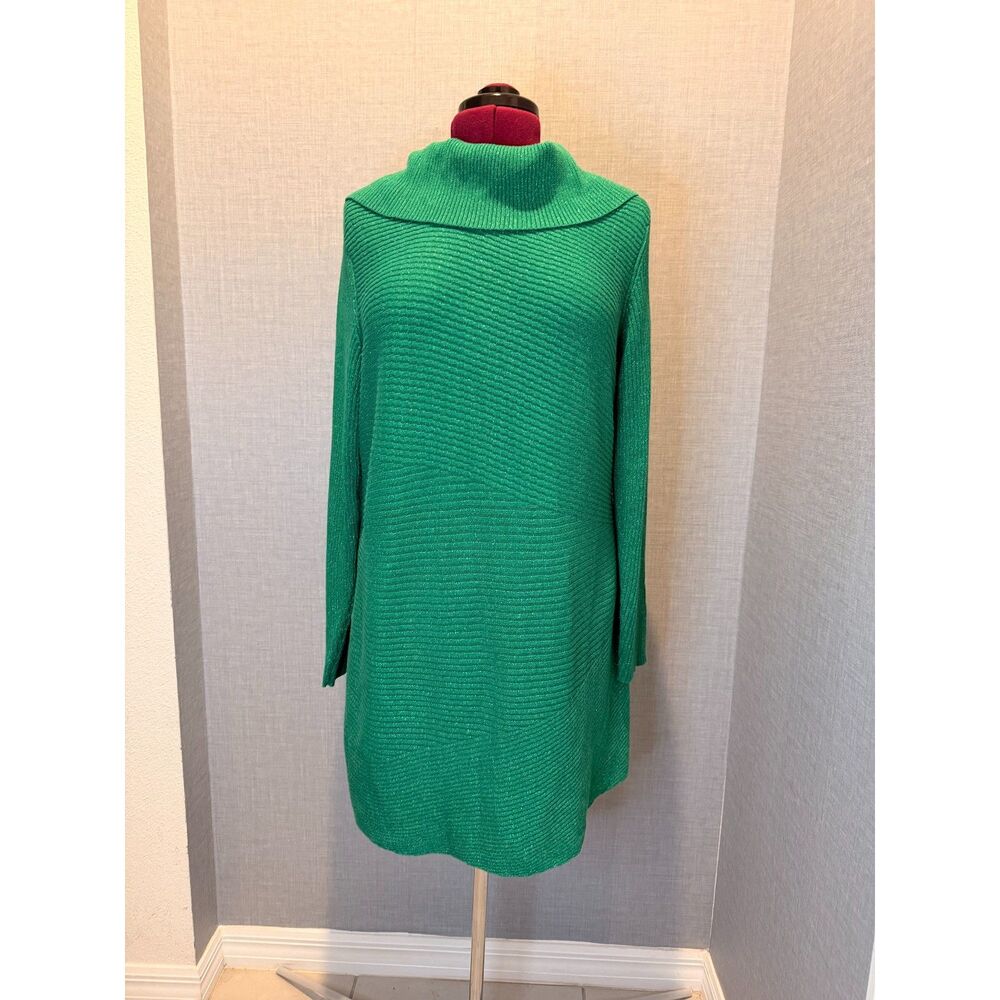 Alfani Kelly Green Cowl Neck Sweater Dress L Metallic Shimmer Tunic Holiday Glam